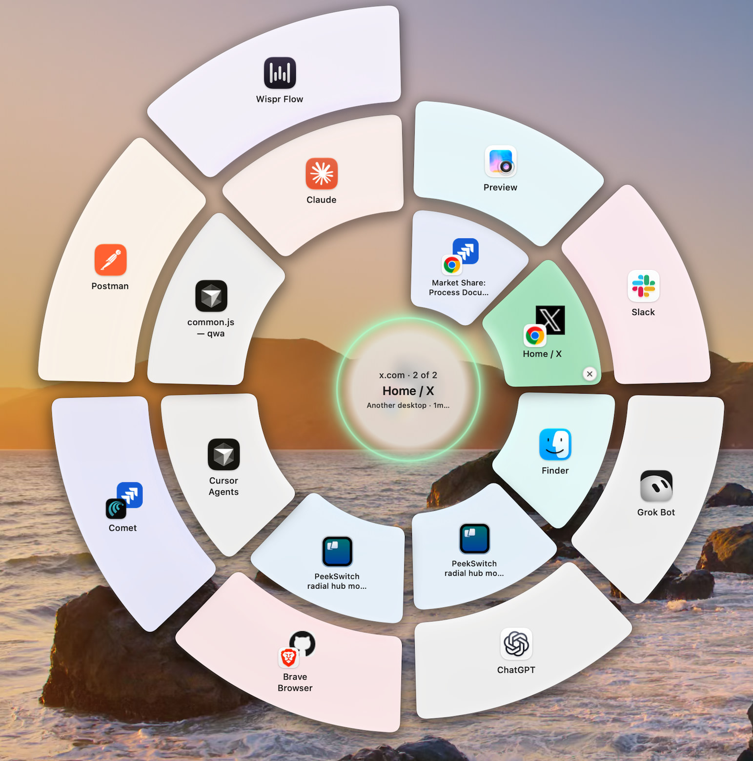 VortexFlow spiral with distinct windows, including two Chromes that show different sites.